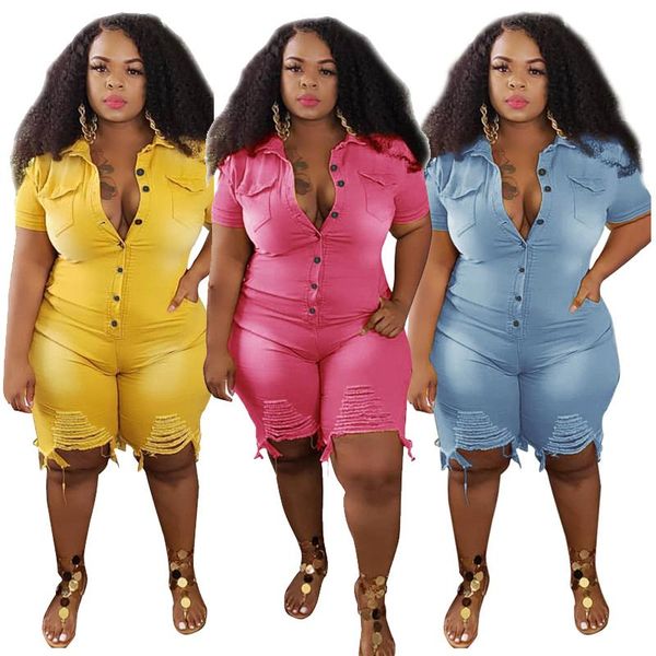 

plus size clothing jeans jumpsuits women s-5xl short sleeve bodysuit ripped denim shorts jumpsuits wholesale dropshipping, Black;white