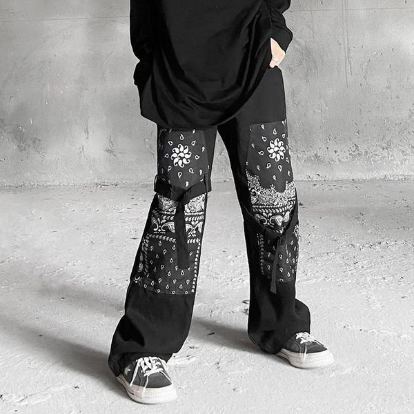 

men's pants high street cashew flower print spliced cargopants men and women wide-leg straight casual trousers oversize hip hop loose, Black