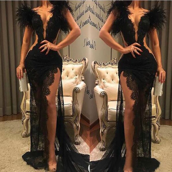 

2021 black lace prom dress split formal party pageant wear sheath feather evening dresses v neck see through, Black;red