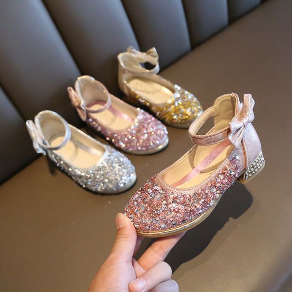 

2021new children leather shoes kids rhinestone princess shoes for wedding and party crystal show shoes girls gold silver pink, Black;grey