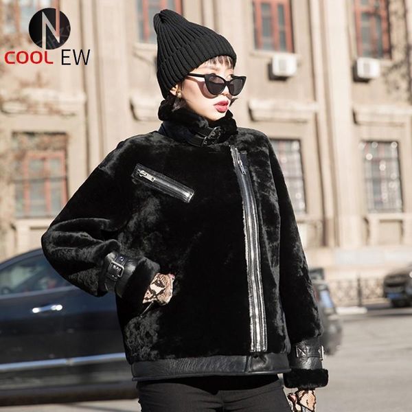 

women's fur & faux korean motorcycle womens winter warm sheep shearing jackets stand collar genuine leather patchwork real female loose, Black