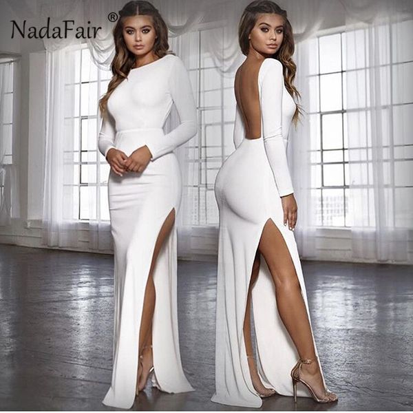 Nadafair Backless Sexy Party Dress Vestidos Manica lunga High Side Split Bodycon Maxi Dress Donna Bianco Nero Elegante Abito lungo Y0118