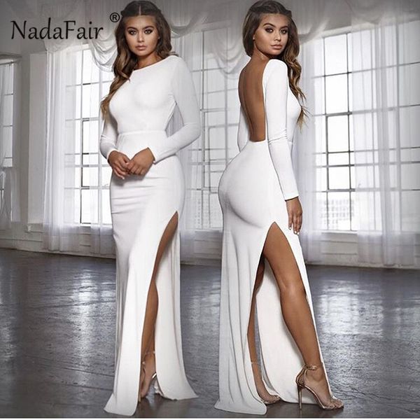 Nadafair Rückenfreies Sexy Partykleid Vestidos Langarm High Side Split Bodycon Maxi Kleid Frauen Weiß Schwarz Elegantes Langes Kleid Y0118