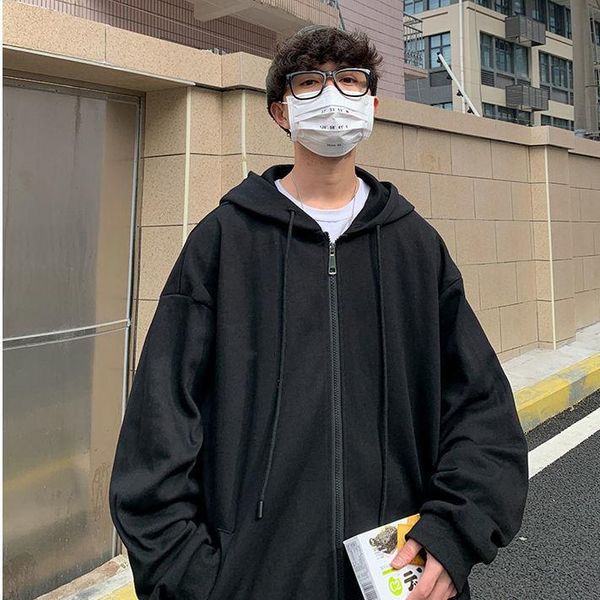 

men's hoodies & sweatshirts 2021 spring and autumn hooded sweater trend korean loose casual cardigan versatile jacket, Black