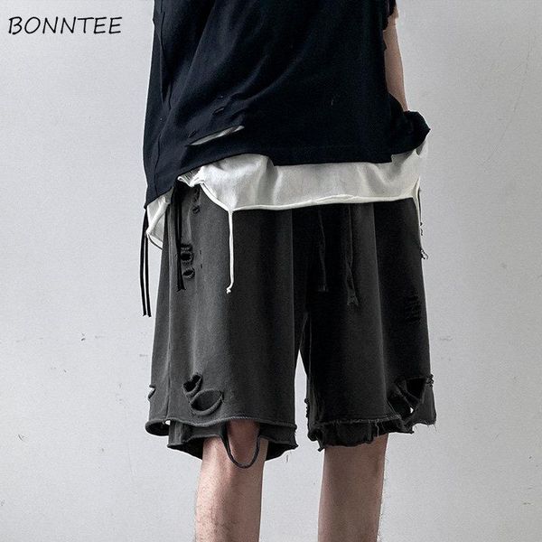 

men's shorts casual men hole ripped baggy knee length broken elastic high street male trousers hip hop korean style plus size s-3xl, White;black