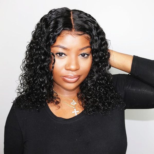 

lace wigs short bob curly part human hair 4x4 closure wig remy natural water wave 13x5x1 pre plucked t 150% density, Black;brown