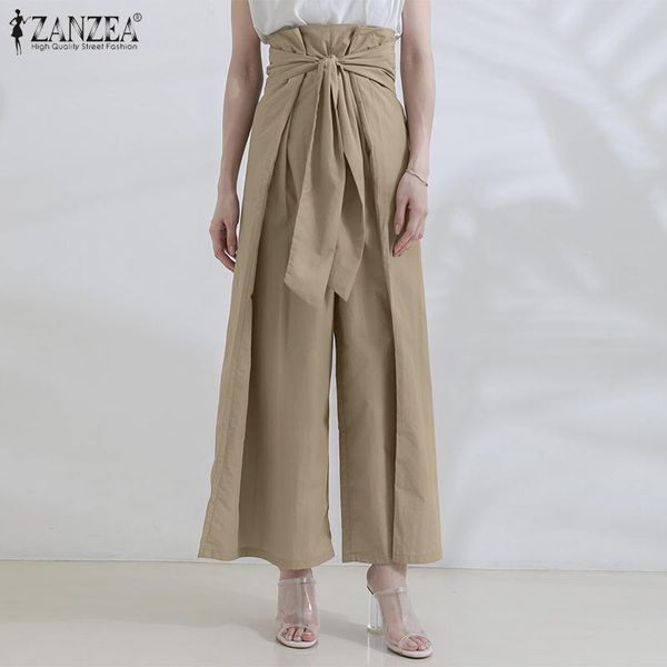 

plus size women spring pants 2021 zanzea stylish lace-up wide leg trousers high waist long pantalon female solid pleated turnip, Black;white