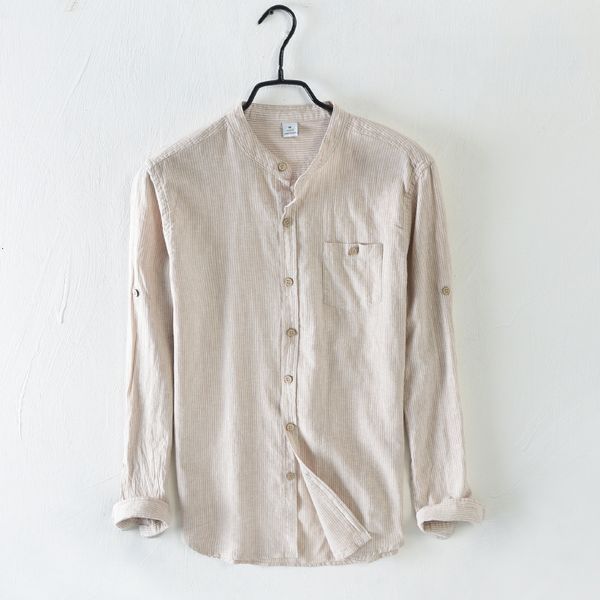 

2021 new arrival men's retro light striped spring stand collar linen cotton shirt men casual brand shirts mens camisa v5t4, White