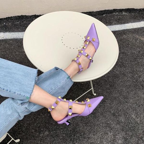 

dress shoes 2021 summer women's sandals stiletto pointed rivet high-heeled roman slip on baotou semi slippers mules, Black