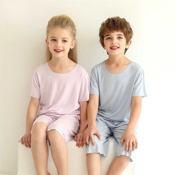 Familie Sommer Pyjamas Modale Baumwolle Shorts Nachtwäsche Sets Kinder Kurzarm T-shirt Kinder Junge Mädchen Hause Tragen Anzüge 211105