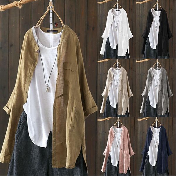

2021 plus size autumn tunic women solid lapel long sleeve vintage cotton linen work ol loose shirts blouse, White