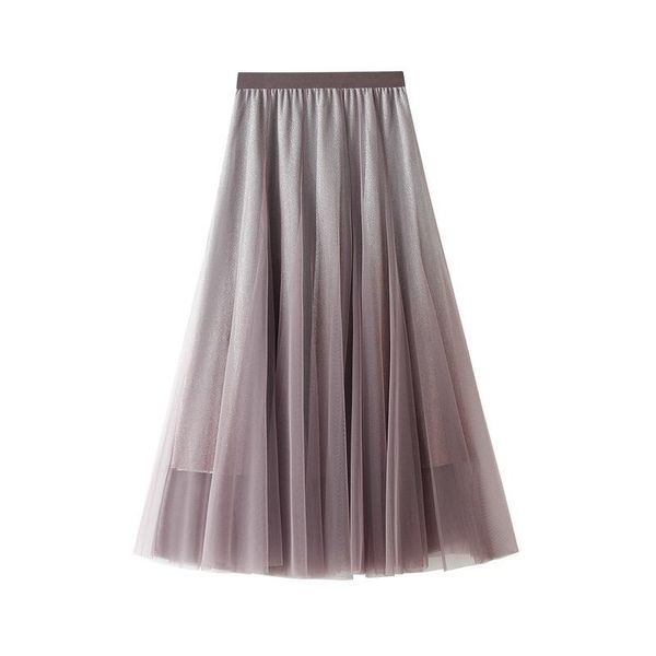 

skirts 2021 women summer boho a-line mesh skirt elegant stretch high waist long pleated gradient color faldas jupe saia, Black