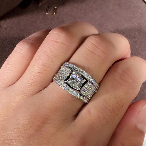 

cluster rings luxury men's ring 18k white gold for man full diamond side setting male domineering finger band shiny jewelry, Golden;silver