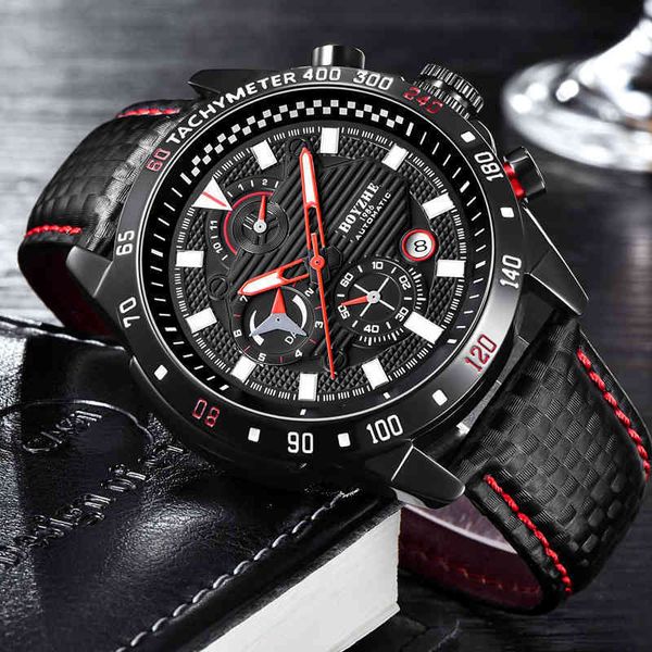 

brand men watches automatic boyzhe mechanical black leather sports clock casual business pole hombre wl011p, Slivery;brown