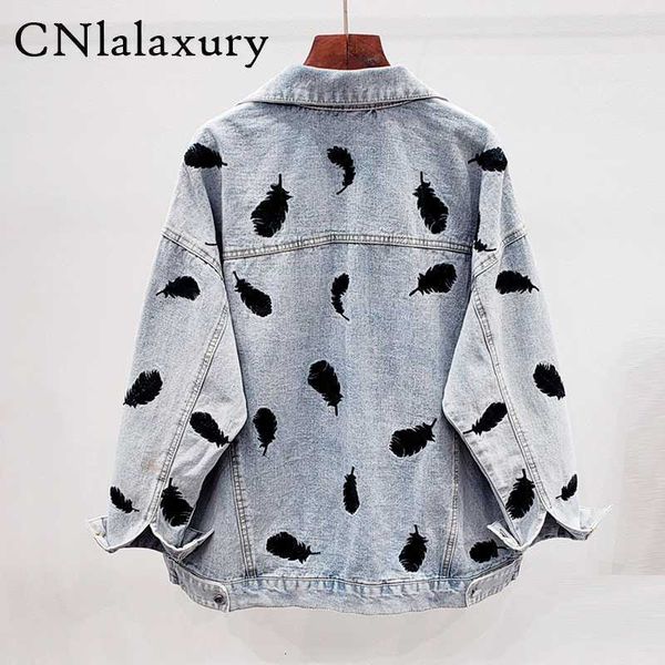 

embroidered feathers denim jacket women 2021 spring bomber jacket coat female chic women outwear veste femme ropa de mujer, Black;brown