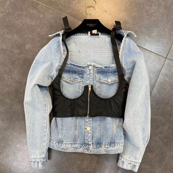 

2021 Spring New Square Neck Long Sleeve Breasted Single Waist Denim Jacket with Vest Two Pieces Set L9cp, Black;brown