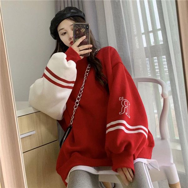 

women's hoodies & sweatshirts autumn winter 2021 korean loose hooded design sense splicing contrast plush thickened long sleeve ins coo, Black