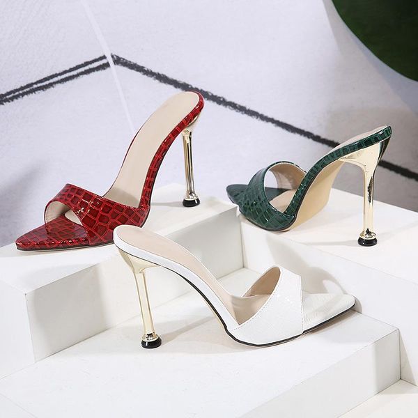 

slippers 2021 ladies high heels 11cm female sandals peep toe metal heel outdoor snake pattern woman shoes slides, Black