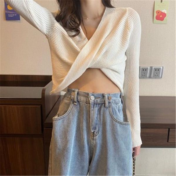 

women's sweaters korean fashion 2021 autumn design cross v-neck cropped long-sleeved knitted sweater women zy5099, White;black