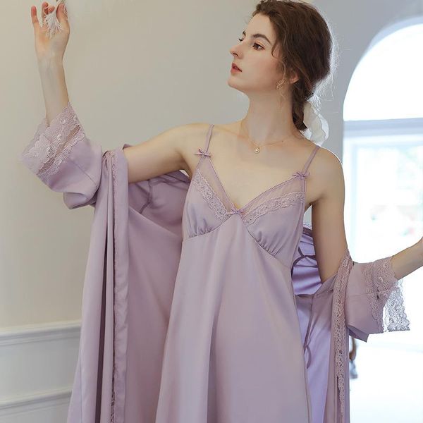 

women's sleepwear purple 2pcs rayon robe sets women v-neck nightgown kimono full sleeve lace floral bath bride dressing gown summer hom, Black;red