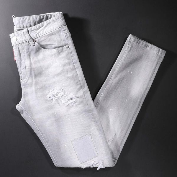 

men's jeans street style fashion men retro light gray elastic slim fit ripped patch designer vintage casual denim pants, Blue
