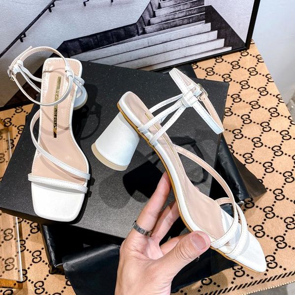 

dress shoes celebrity open toe chunky round high heels sandals women square narrow band flip flops sewing buckle gladiator sandalias2021, Black