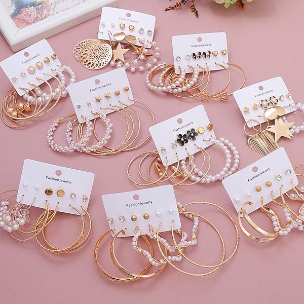 

hoop & huggie vintage pearl metal drop earring set for women's punk oversized circle chain dangle earrings jewelry 2021 fashion gift, Golden;silver