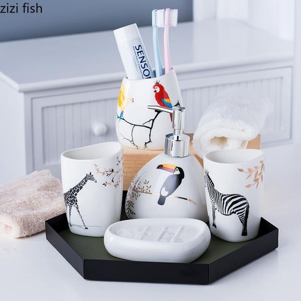 

bath accessory set 5pcs ceramic bathroom animal soap dispenser pump bottle home couple mouthwash cup dish accessories