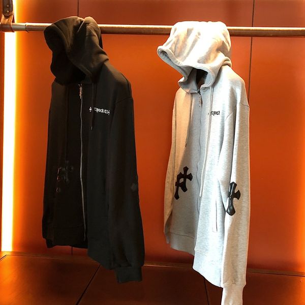 

2021 spring patchwork embroidered cross heavy industry loose and versatile hooded zipper drawstring sweater for women, Black;brown