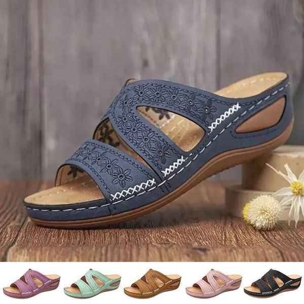 

sandals women wedge platform shoes fashion ethnic flat female slippers outdoor sandalias muje 2021, Black
