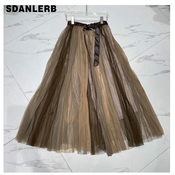 

skirts 2021 casual mujer faldas summer korean style seaside holiday ethereal swing skirt women's mesh long, Black