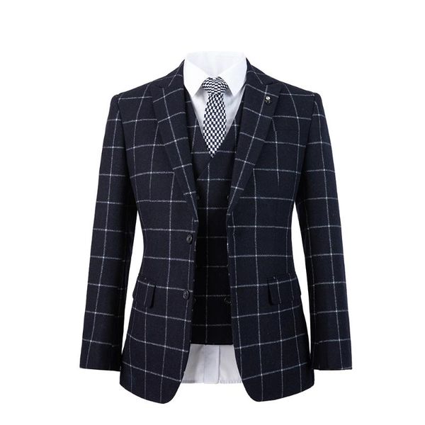 

men's suits & blazers wool woolen navy blue windowpane overcheck tweed men suit tailored made wedding 3 piece, White;black