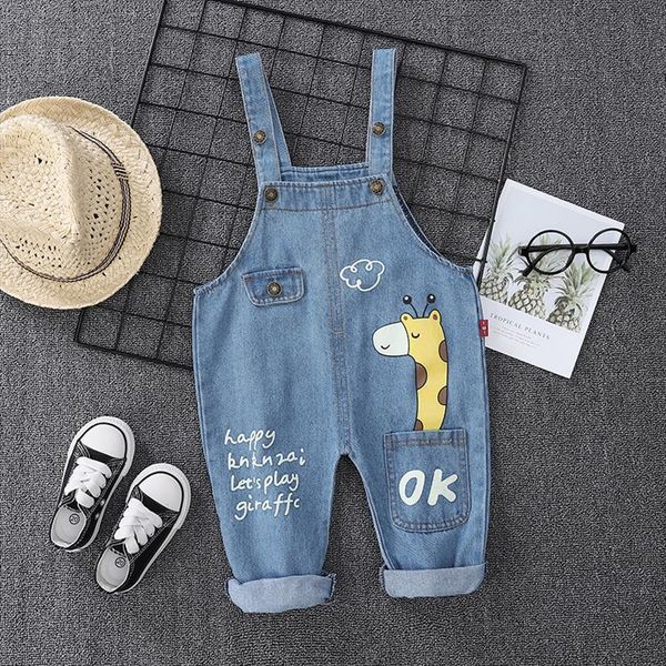 

boys jeans overalls fashion autumn children strap cartoon giraffe cotton jumpsuit casual kids girls clothing pants, Blue