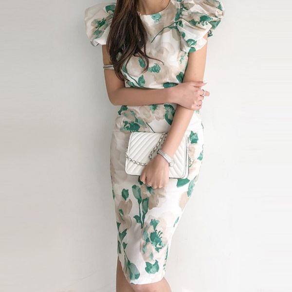 

korean style women floral print puff sleeve green chiffon dress slim elegant boho vacation tropical beach vintage cocktail dress evening, Black;red