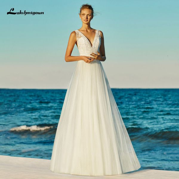 

2021 new backless boho robe mariee v-neckline sleeveless beach a-line wedding gown vestido de novia pcu5, White