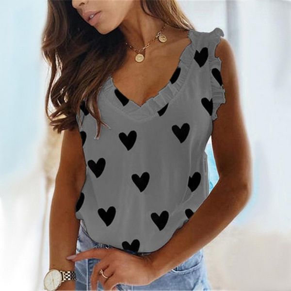 

women's t-shirt ladies love printed v-neck ruffled pleated sleeveless vest 2021 arrival women, White