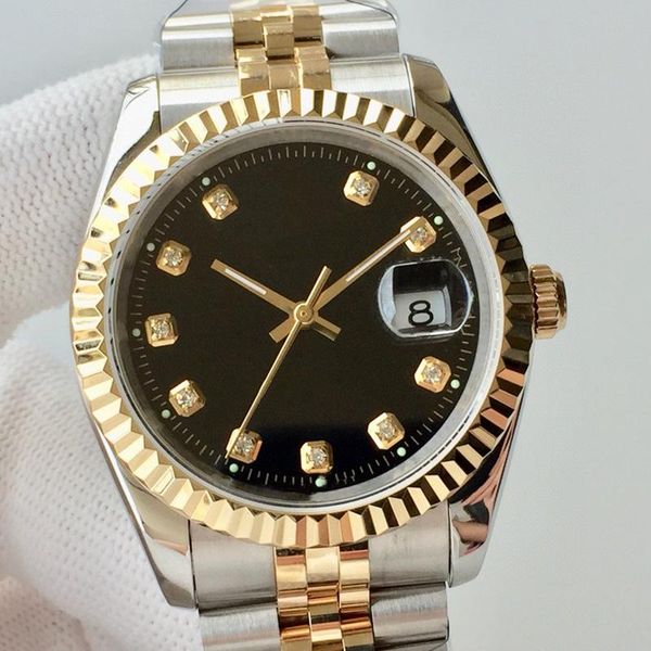 

wristwatches automatic mechanical mens sports watch black blue dial 36mm stainless steel bracelet diamonds, Slivery;brown