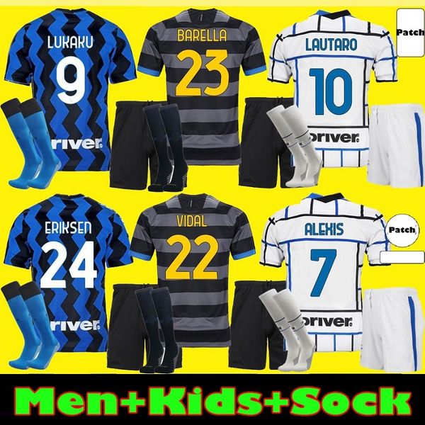 

inter 2020 2021 vidal eriksen lukaku lautaro home away soccer jerseys barella milan 20 21 football shirt men kids kits sets uniform, Black;yellow
