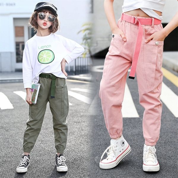 Pantaloni cargo da bambina casual Pantaloni da strada di colore nero rosa Pantaloni da abbigliamento per bambini Pantaloni larghi con cintura per ragazza adolescente 4 8 12Y 210303