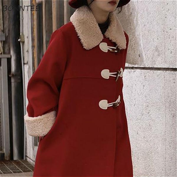 

women's wool & blends women red mujer design elegant temperament vintage coat korean coats female horn button patchwork long sleeve win, Black