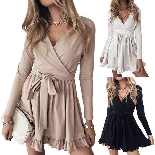 

summer womens loose hem v-neck waist ruffled and elegant soft mid-length dress, Black;gray