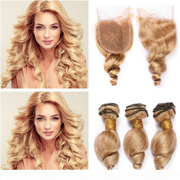 

#27 honey blonde loose wave brazilian human hair weave bundles with closure light brown loose wavy virgin hair lace closure 4x4 with weaves, Black;brown