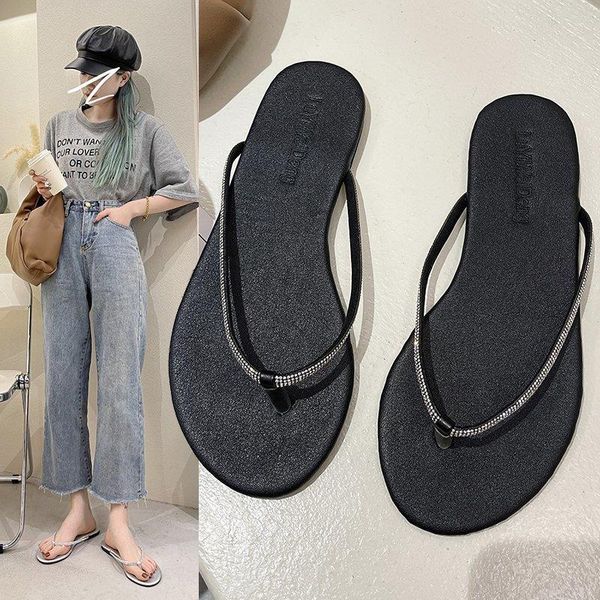 

slippers women for rhinestones shoes ladies flip flop 2021 summer flat, Black