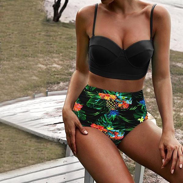 Damen Bademode Push Up Frauen Badeanzug Hohe Taille Bikinis Vintage Bikini Set Badeanzüge Retro Floral Strand Tragen Badegäste Biqiuni 2021