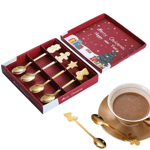 

spoons 4pcs/set christmas stainless steel tableware coffee ice cream desserts spoon snowman xmas tree kids drinking tea scoops