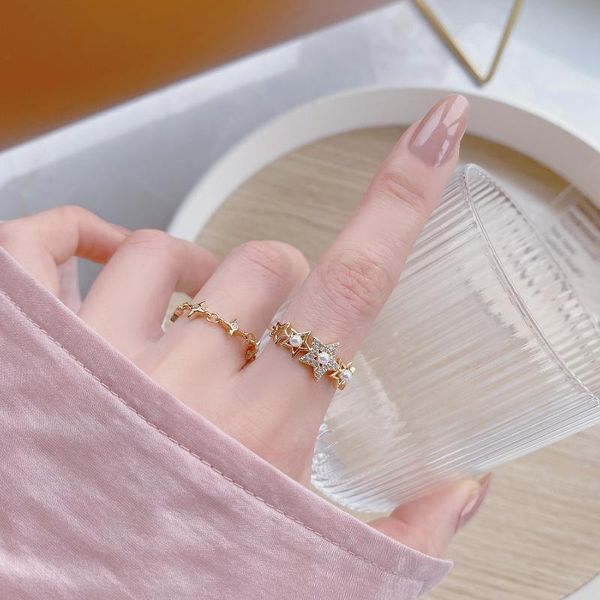 

cluster rings 14k real gold five-pointed star with micro-inlaid zircon and sparkling pearls open design cz ring for women, Golden;silver