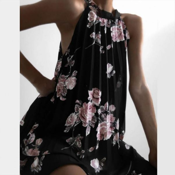 

floral print sleeveless summer womens dress retro pleated chiffon beach clothes white xxxl, Black;gray