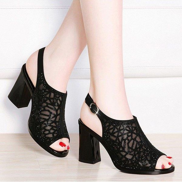 

women summer hollow out faux leather rhinestones peep toe summer shoes women thick heel fashion zipper sandals shoes a116, Black