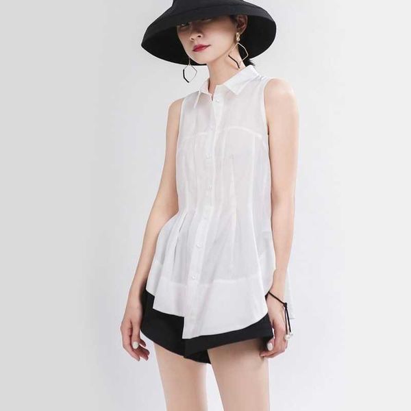 

pleated silm waist sleeveless shirts for women summer irregular big swing white blouses female fashion all-match 210525