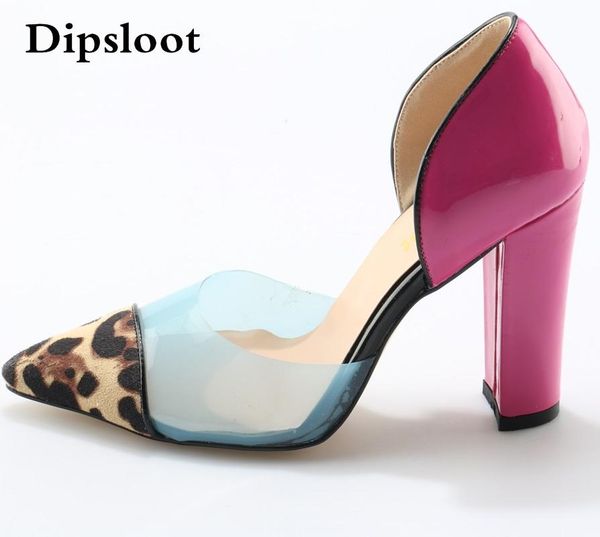 

dress shoes fashion transparent colorblock leopard pumps slip on pink chunky women party high heels size 42, Black